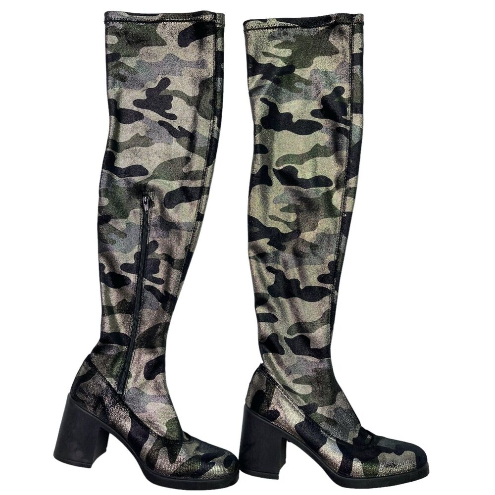 Topshop Cupid Camouflage Metallic Thigh High Boots Block Heel US 8.5 EU 39